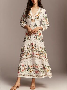 FARM Rio White Floral Printed Linen Blend Cutout Maxi Dress Size Large NWT
